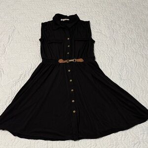 Black Sleeveless Button-Down Dress with Belt